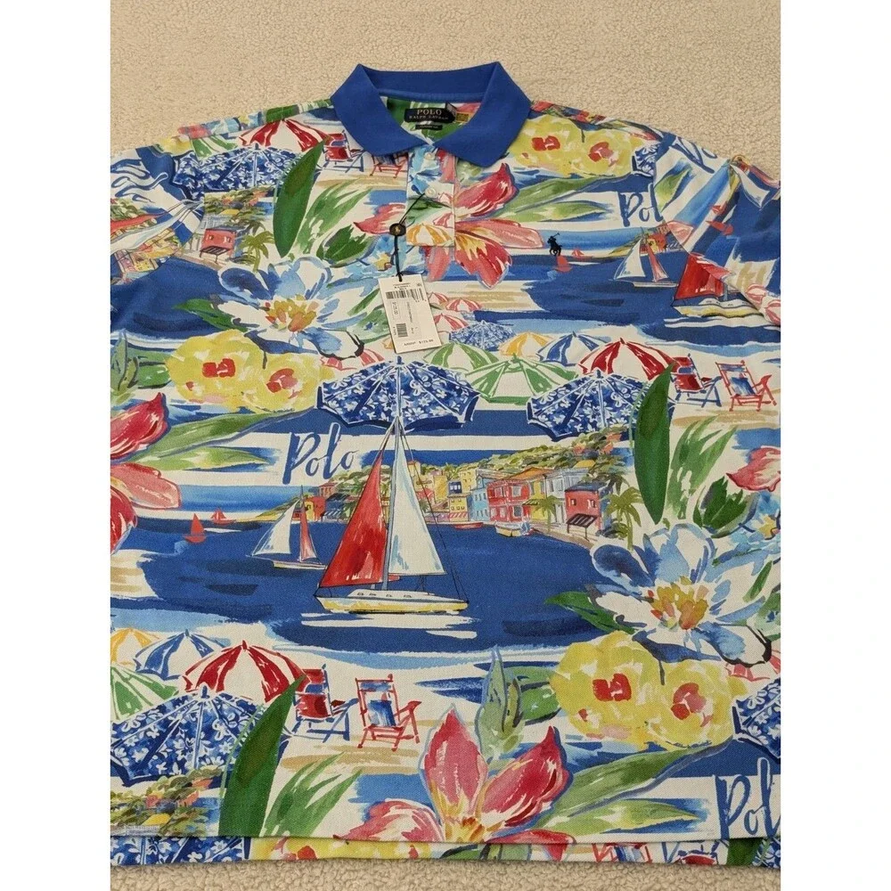 New Polo Ralph Lauren Men's L Riviera Print Mesh Polo Shirt Vacation Sailing